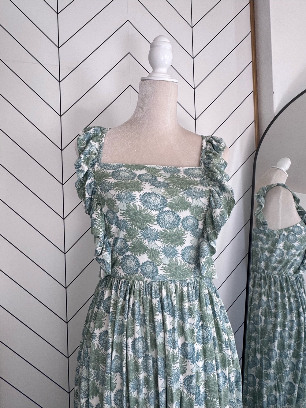 Kate Quinn Floral Ruffle-Shoulder Midi Dress in Sage Green - Picture 3 of 9